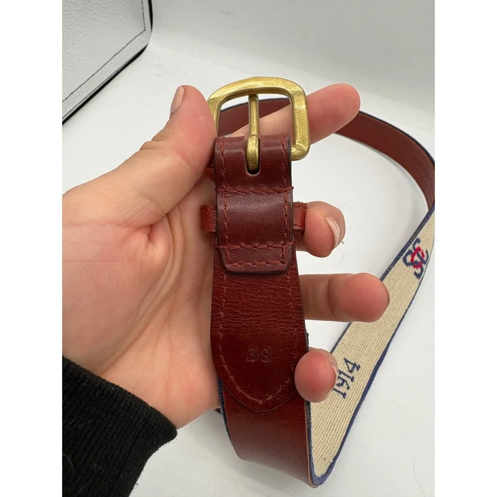Smathers & Branson 1914 Needlepoint Leather Belt Brass Buckle Size 38